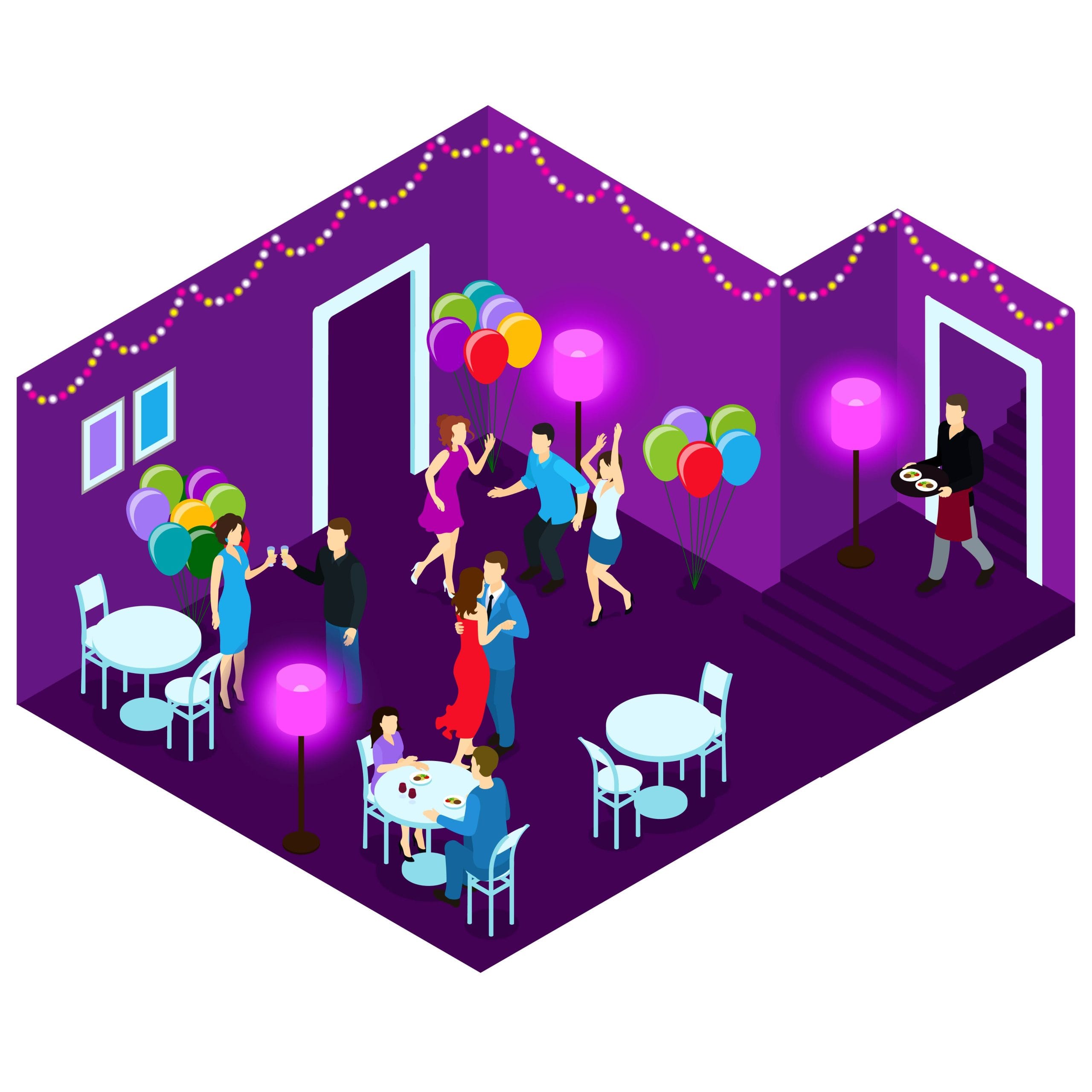 Dancing and sitting people at party in restaurant with white tables and purple walls isometric vector illustration