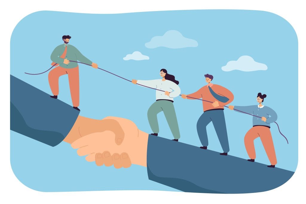 Business team climbing giant handshake with support of leader. Flat vector illustration. Cooperation of employees striving for success and career achievements. Leadership, teamwork, growth concept