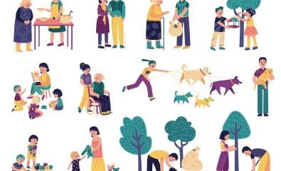 Volunteer charity social set of isolated icons with human characters of kids and adults volunteering works vector illustration