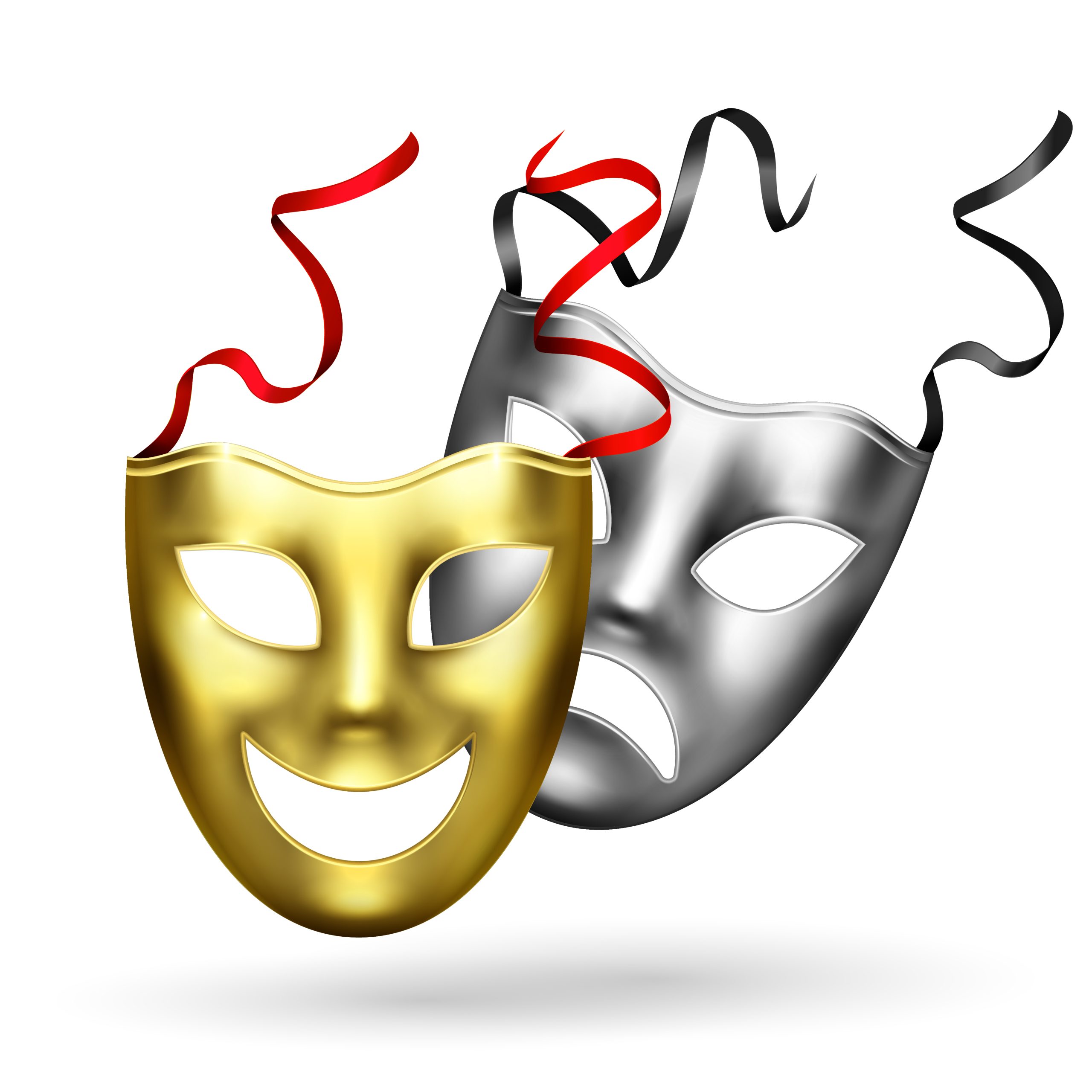 Comedy tragedy golden silver masks theatre realistic composition of two classic theatrical masks happy and sad vector illustration